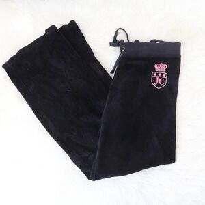 rare Juicy Couture Y2K Black Velour Track Pants with Pink Crystal Logo Size M